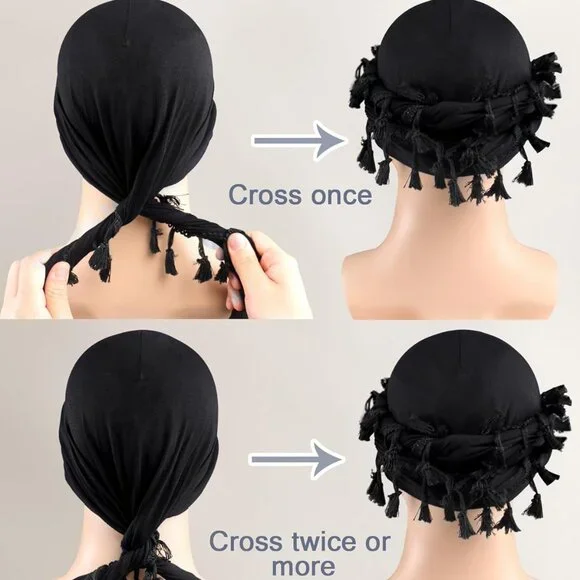 Halo Turban for Men Women Satin Lined Durag Head Wraps Skull Cap Pre-Tied Tassel - Picture 5 of 9